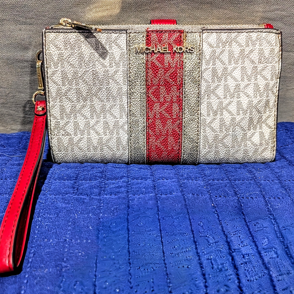 Michael Kors Red and Gray Monogram Clutch